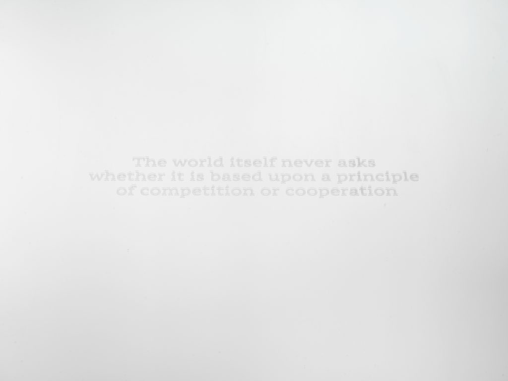 A mirrored surface inscribed with a quote from Masanobu Fukuoka’s 1975 natural farming polemic The One-Straw Revolution: “The world itself never asks whether it is based upon a principle of competition or cooperation.”