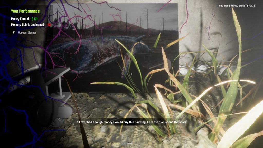 A screenshot of a room with dried p plants in the foreground and a painting of a landscape with a hill and leafless trees in the background