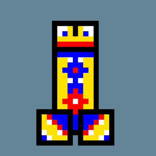 A pixel drawing of an erect penis. It is yellow with red, blue, and white designs, suggesting a figure wearing a festive outfit.