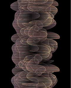 A digital image of a tiered, fungus-like pattern in pink and brown against a black background