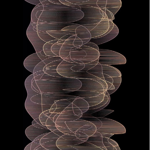 A digital image of a tiered, fungus-like pattern in pink and brown against a black background