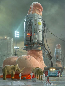 A digital image of a massive pink penis in a technical apparatus. Elephant are grazing by the testicles
