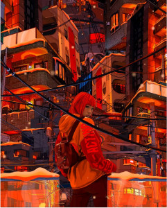 A digital drawing of a woman with orange looking over her shoulder at the viewer; she is standing in a cyberpunk cityscape crowded with balconies and cables, all tinted orange