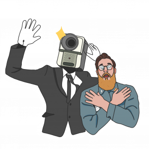 Digital drawing of a bearding man crossing him arms over his chest and gasping in surprise; he is standing beside a robot dressed in a black suit, waving with a white hand attached to a wire
