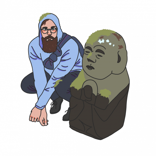 A digital drawing of a bearded man in a hoodie squatting beside a stone statue