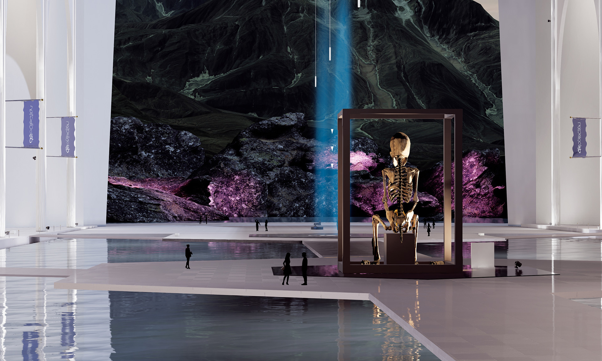 A digital rendering of a large white gallery space with a pool and a landscape mural, and a sculpture in a wooden box