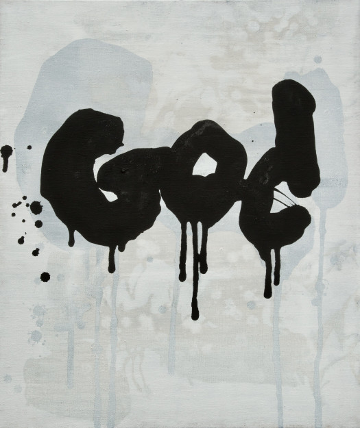 A rectangular white shape with the words 'God' scrawled thickly in dripping black ink