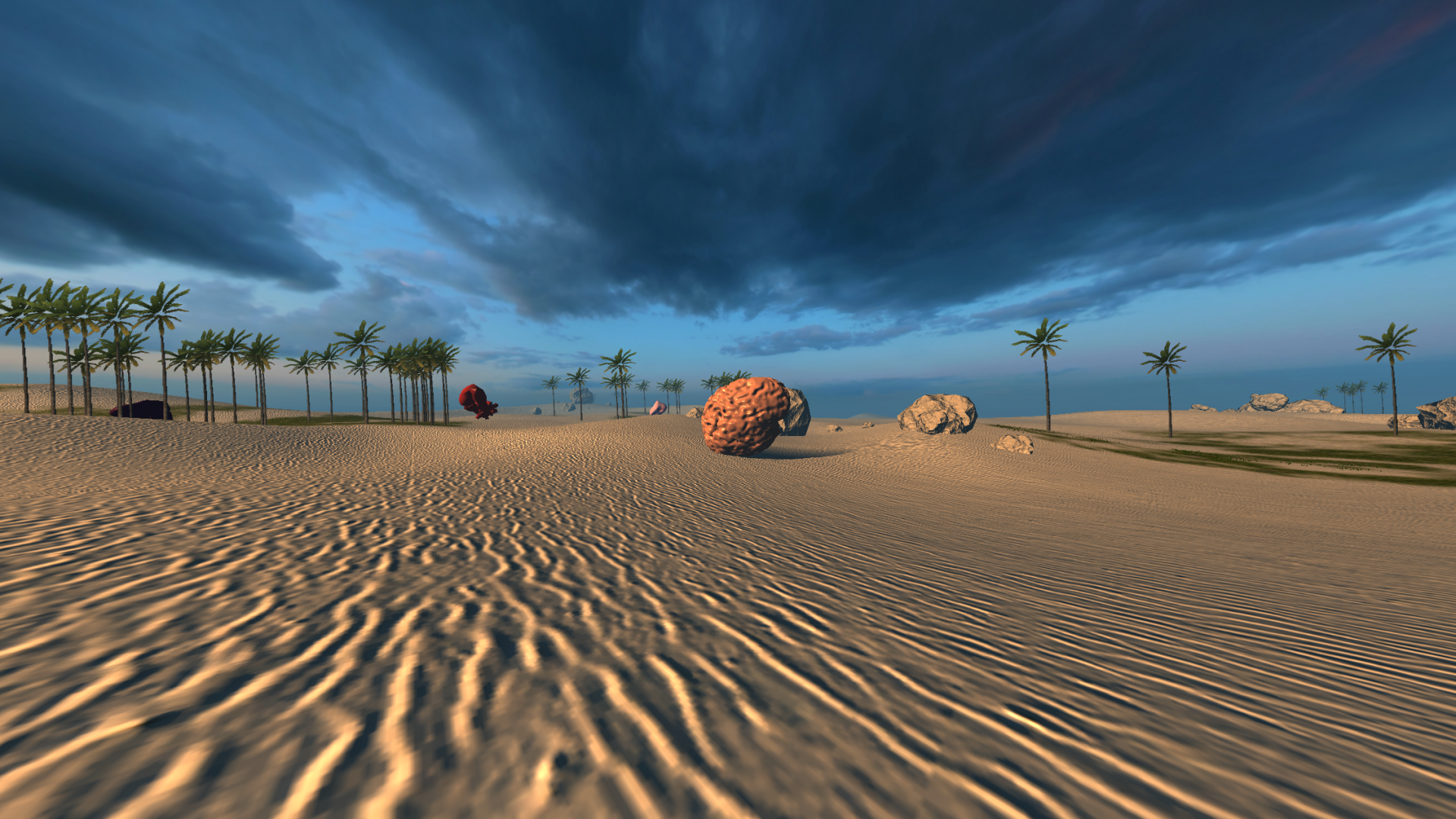 An image from a virtual reality piece, showing a desert with large brains hovering over the sand in the distance, amid palm trees underneath a deep blue sky with gray clouds