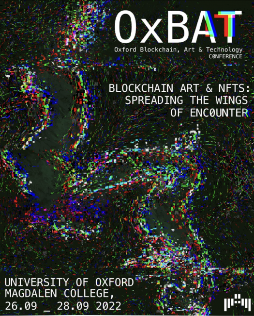 A conference poster with the title OXBAT and subtitle BLOCKCHAIN ART & NFTS: SPREADING THE WINGS OF ENCOUNTER against a black background with pixels in different colours forming wave shapes