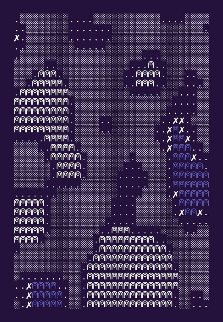An ASCII drawing in dark blue and white suggesting a map of an archipelago