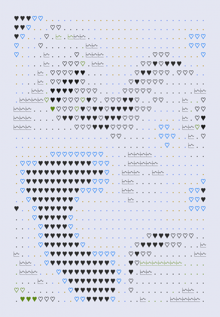 An ASCII drawing consisting of black, blue, and green hearts on a gray field