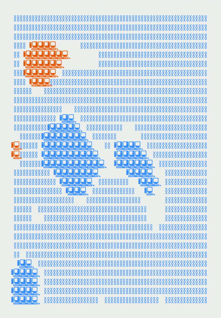 An ASCII drawing resembling a map of an archipelago where the islands are indicated by blue and orange squares and the water by blue chains