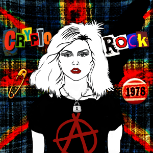 A digital drawing of a woman wearing an Anarchy T-shirt and a padlock on a necklace. She is surrounded by imagery associated with punk music