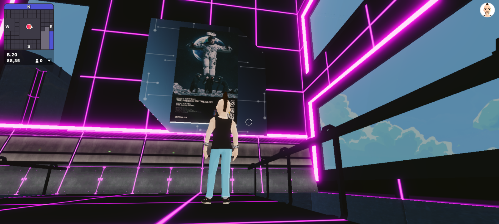 A digital rendering showing a man in a mohawk looking up at a big Beeple poster on a black wall lit with pink fluorescent tubing