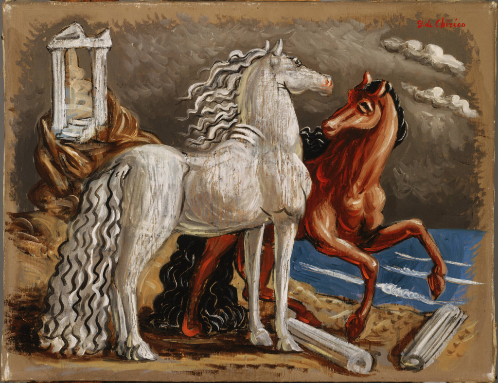 A painting of two horses under a gray stormy sky on a beach strewn with Roman ruins