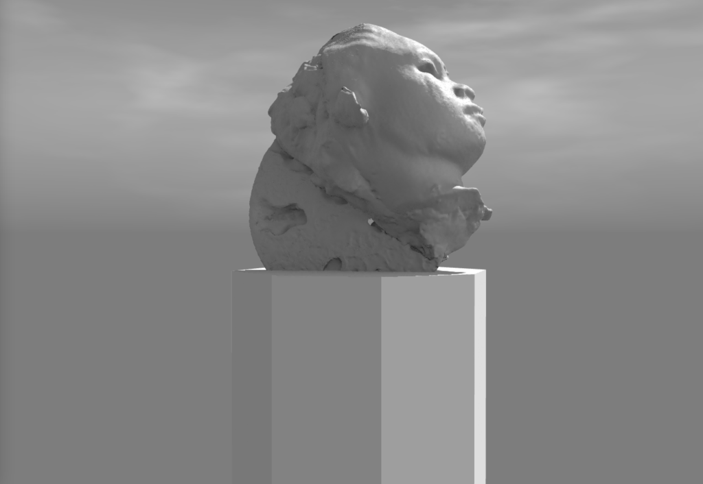 A 3D model of a woman's head, sculpted from a gray material, on a white plinth