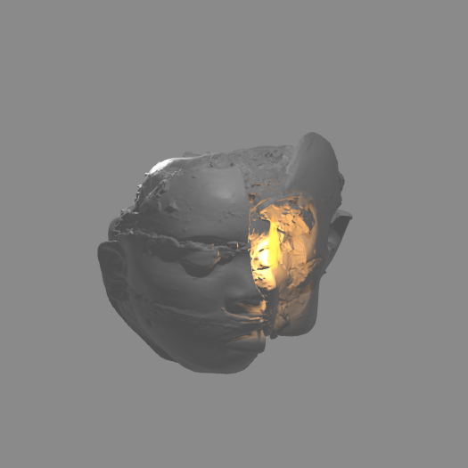 A 3d model of a sculpted head from which extrudes a mass of clay-like substance, with a lit candle at the center