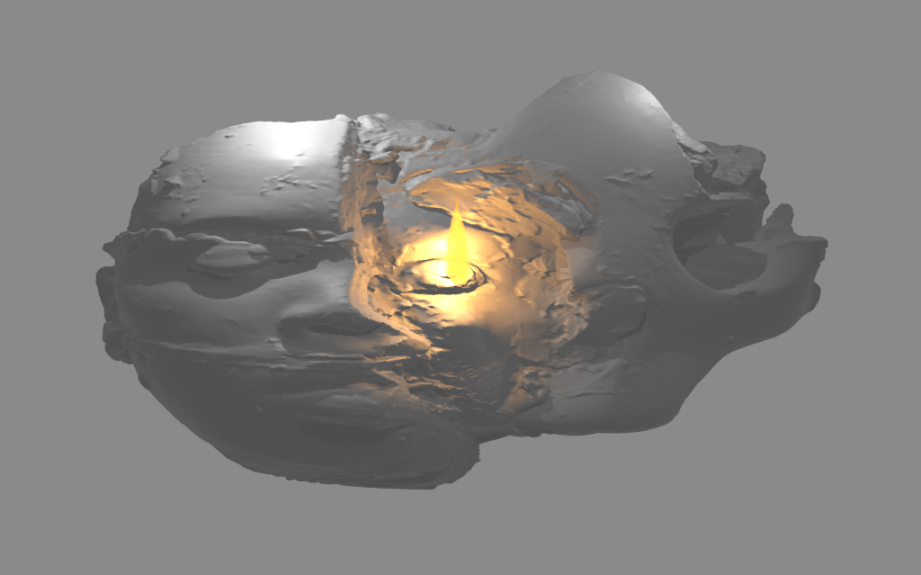 A 3d model of a sculpted head from which extrudes a mass of clay-like substance, with a lit candle at the center