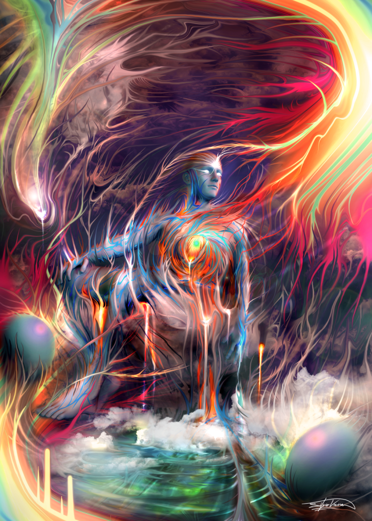 A digital image of a naked blue-skinned figure in a psychedelic swirl of colors with cloud and sky