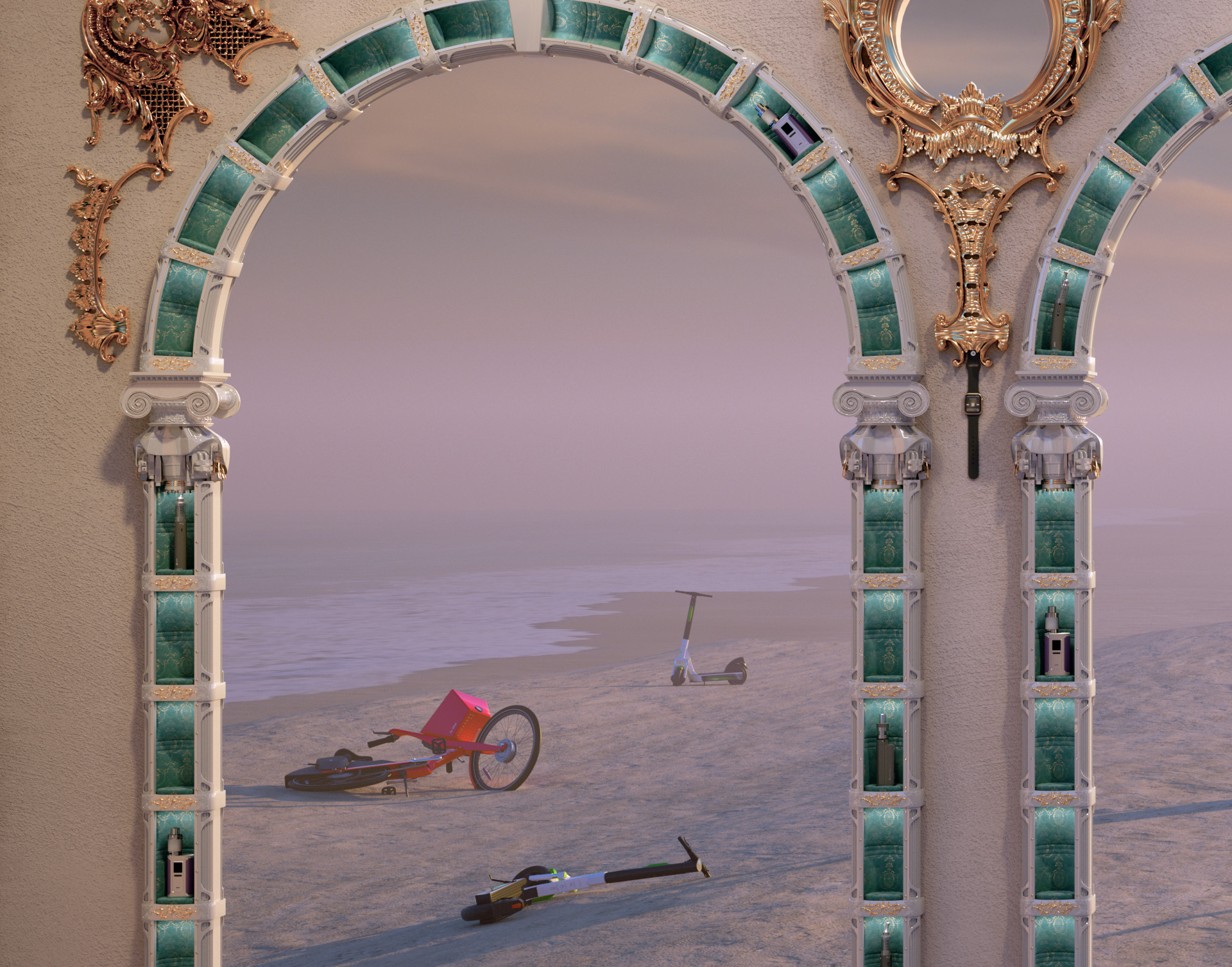 A print depicting abandoned scooters and bicycles on a beach at dawn is placed within elaborate antique moulding and gilded sconces