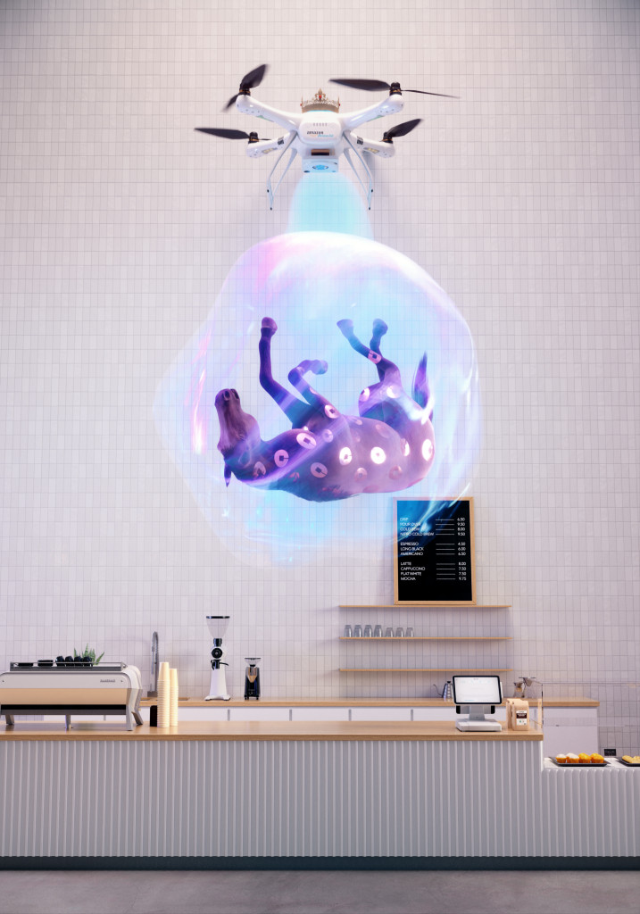 A digital image of a brown horse covered in silvery Uber logos being carried in a bubble by a drone through the pale interior of a fancy coffee shop