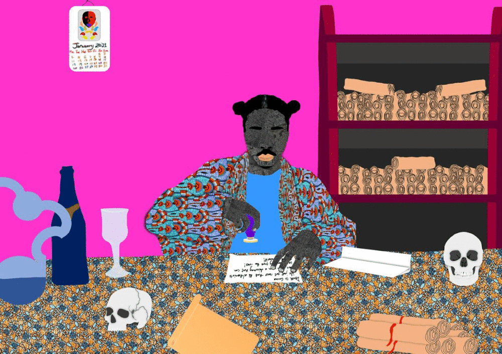 A colorful animated digital image of a man sitting at a table putting wax seals on scrolls. The table is littered with skulls and elixirs