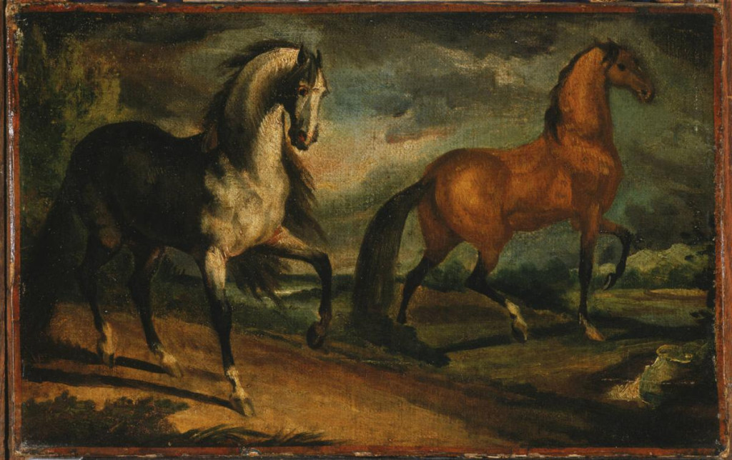 A dark painting of two horses proudly cantering through rolling hills as the sun breaks through the gray clouds