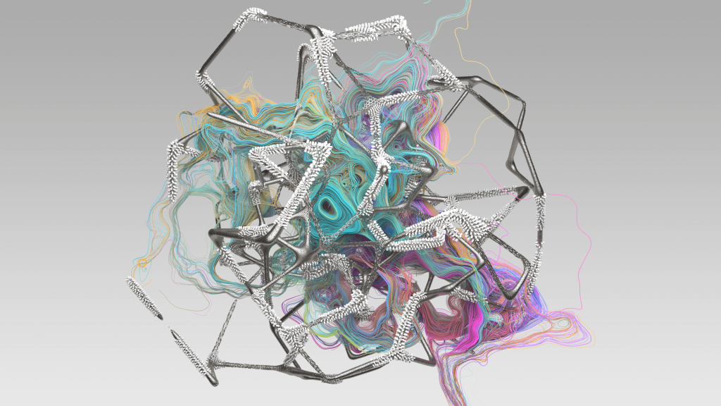 An abstract digital image of a mass of colorful threads against a grayscale background
