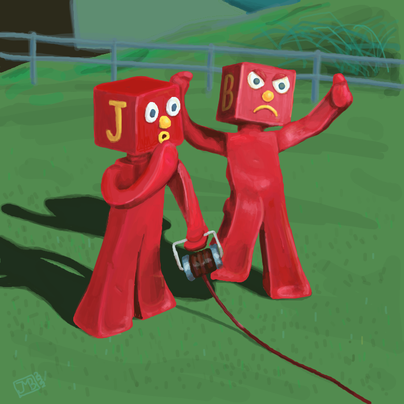 Two red figures with bodies of pliable red clay and blocky heads stand in a green field, with expressions of confusion and anger