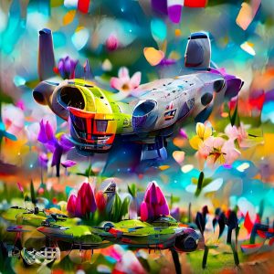A surreal, brightly colored landscape in which a spaceship hovers over a field with massive tulips