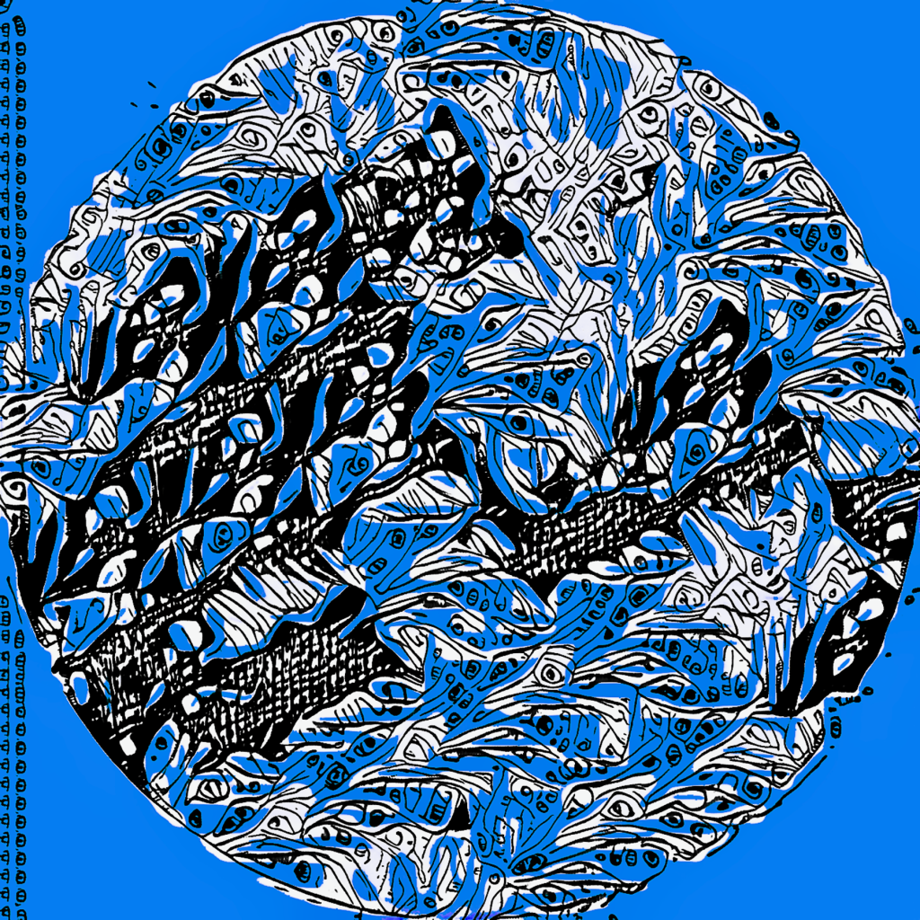 An abstract digital image with black and white plantlike shapes converging in a circle over a blue plane