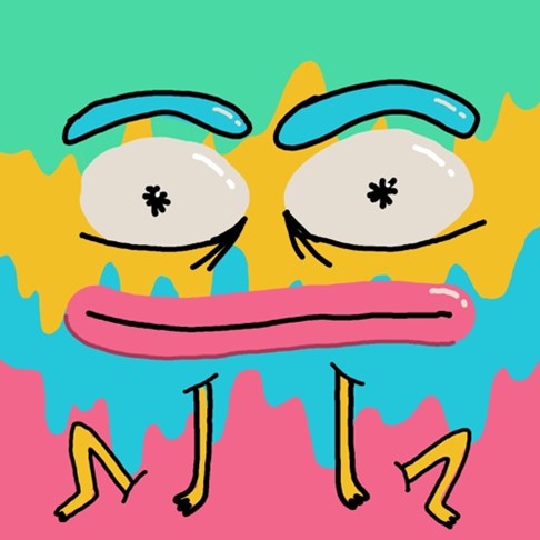 A simple green, yellow, blue, and pink drawing of a face with big eyes and thick pink lips, and a few skinny limbs emerging from the chin