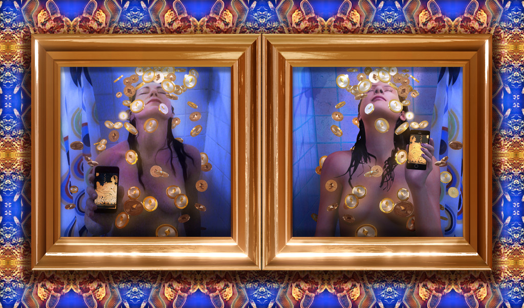 Two gold-framed images of a woman, naked from the chest up, with gold coins showering down