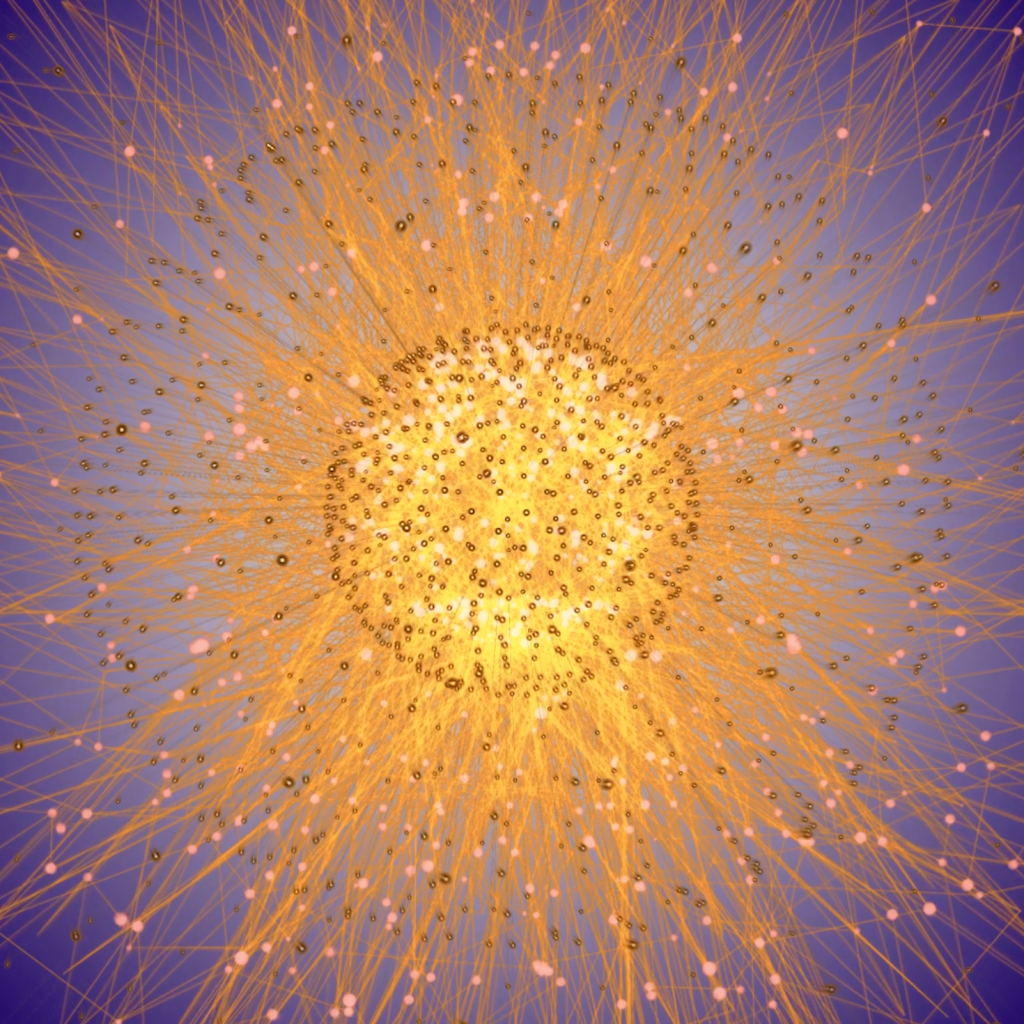 A digital image of a glowing yellow sphere surrounded by radial rods