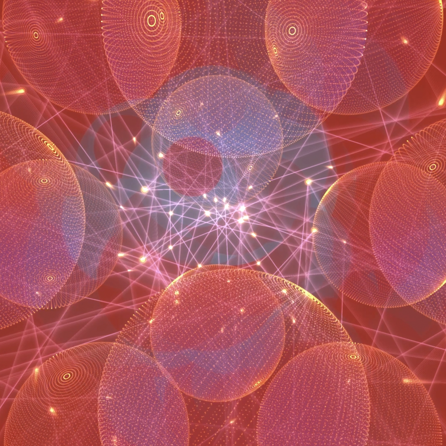 A digital image of layered transparent pink spheres, connected by rods that glow at their intersections