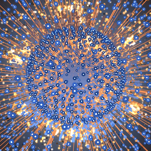 A digital image of golden rods and blue spheres emanating from a central point