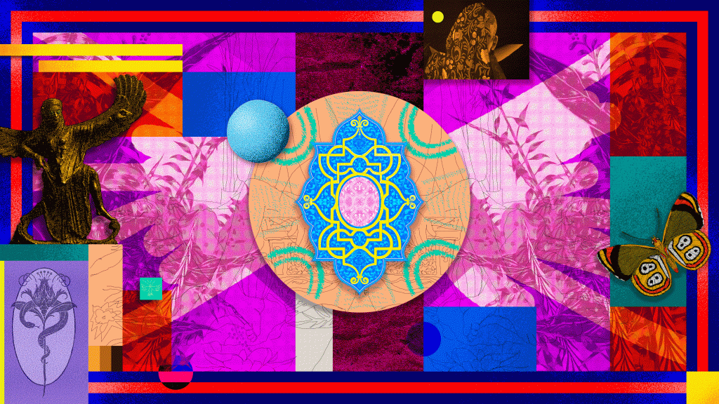 A digital collage of images of plants, moths, and an ancient Middle Eastern sculpture of an angel arranged around angular planes of pink, purple, blue, and red