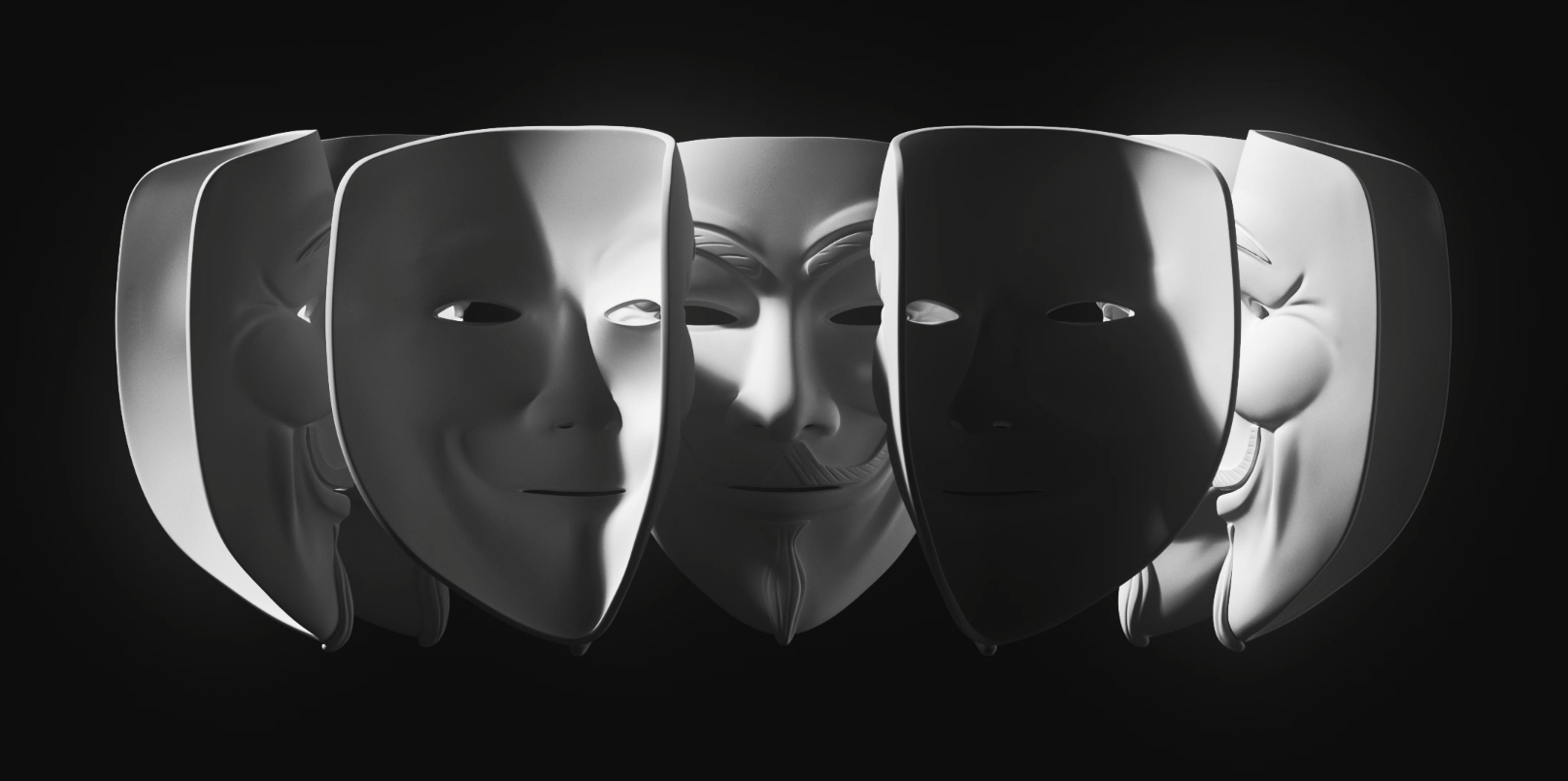 A still from a digital animation in which five Guy Fawkes masks spin through light and shadow