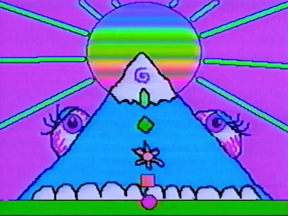 A digital drawing of a mountain with big eyeballs on its slopes and a ripppling rainbow-hued sun at the peak
