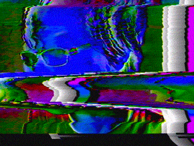An image of a woman's face turning that distorts and flickers, as if seen on a glitching television