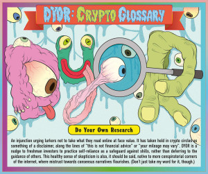 A cartoon image defining the acronym "DYOR" (do your own research) and its relevance for the crypto community