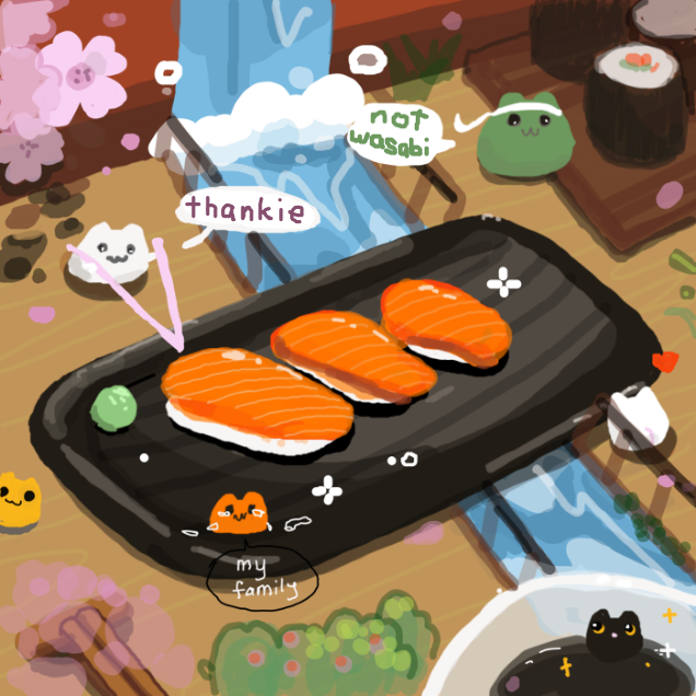 A digital drawing of tiny cats gathered on a table around a plate of salmon sushi