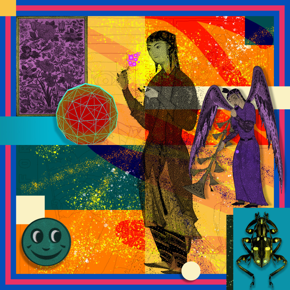 A digital image combining figures from medieival Persian painting with a smiley ficae, a photo of a beetle, and other found images arranged on a jaunty square with blue, red, and orange