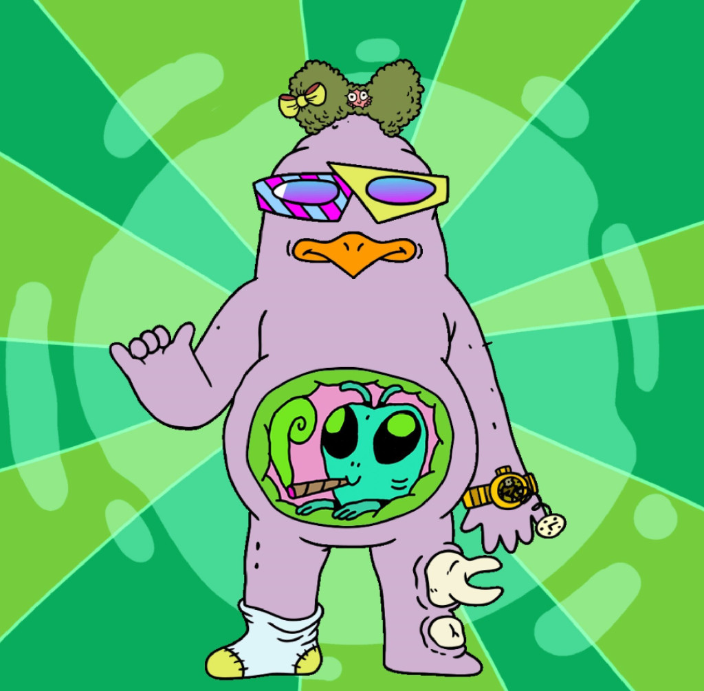 A digital drawing of a purple birdlike figure with a drawing of a weedsmoking alien in his belly