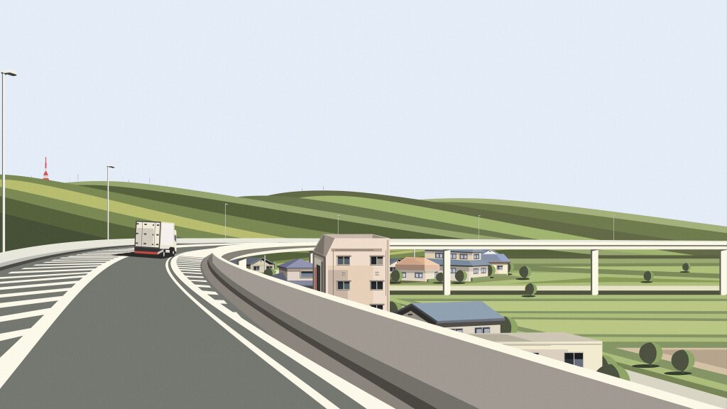 A digital image of a lone truck on a highway that curves against green hills
