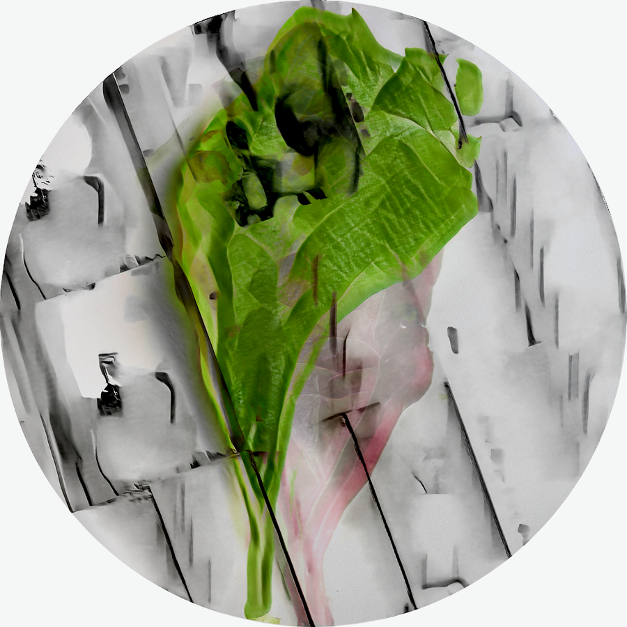 An AI generated image of a leaf of lettuce over a gridlike white structure