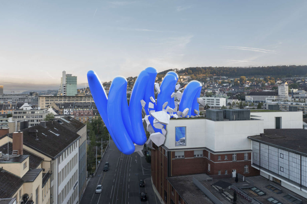 A digital rendering of a blue glossy squiggle bursting out of a white building in a quiet lakeside city