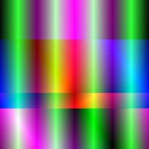 A square image in which four green lines run vertically across a pink-blue-red background