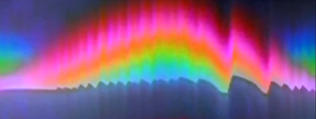 A striated rainbow representing visual patterns of interference