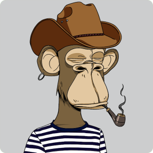 An avatar of an ape wearing a cowboy hat, black stripy t-shirt, and smoking a pipe